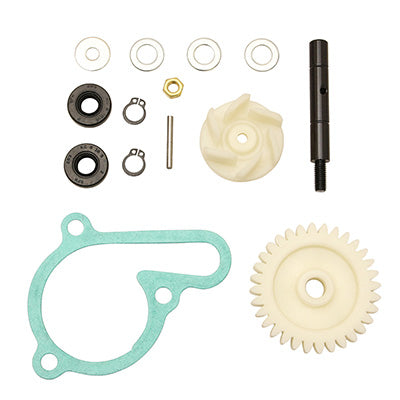 WATERPOMP REPARATIE KIT 50 MET AANPASBARE VERSNELLINGSBAK DERBI 50 SENDA 2006+, GPR 2006+-APRILIA 50 RS 2006+-GILERA 50 SMT, RCR 2006+ (PIAGGIO EURO 3 MOTOR) MET AANDRIJF TANDWIEL (COMP KIT) -P2R-