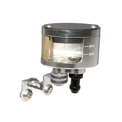 UNIVERSELE OVAAL REM HOOFDCILINDER RESERVOIR TANK ALU CNC ZILVER (UITLAAT RECHTS ONDER) -P2R-