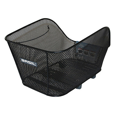 PANIER ARRIERE ACIER NID ABEILLE BASIL ICON MEDIUM NOIR FIXATION WSL SUR COTE PORTE BAGAGE  IDEAL POUR E-BIKE-VAE (L38xl23xH21cm) -FIXATION PAR VIS REGLABLE SUR FOND DU PANIER -