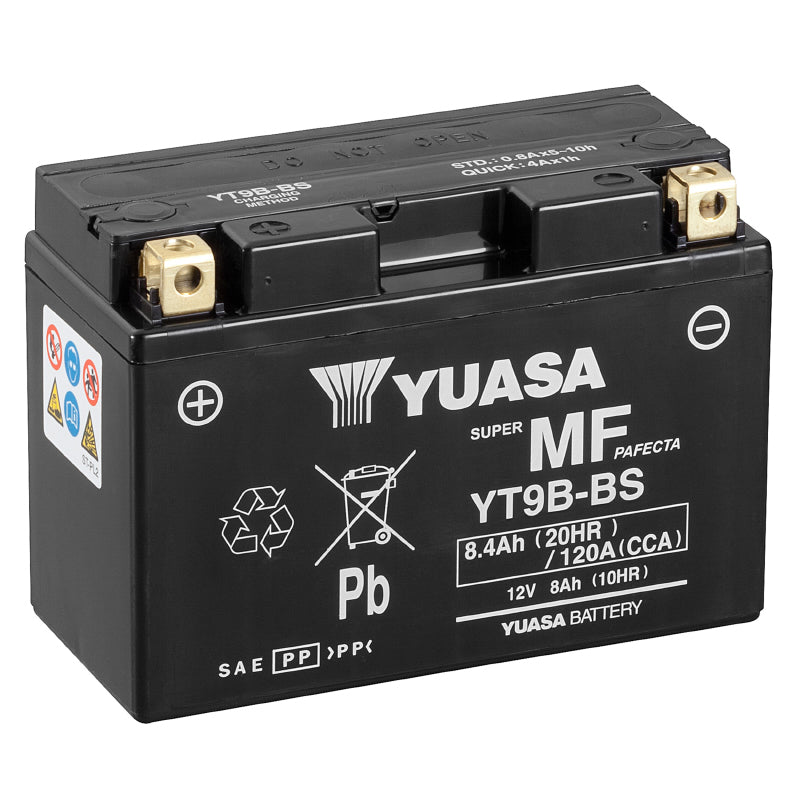 BATTERIE 12V  8 Ah YT9B-BS YUASA MF SANS ENTRETIEN HAUTE PERFORMANCE AVEC PACK ACIDE  (Lg150xL70xH105mm)