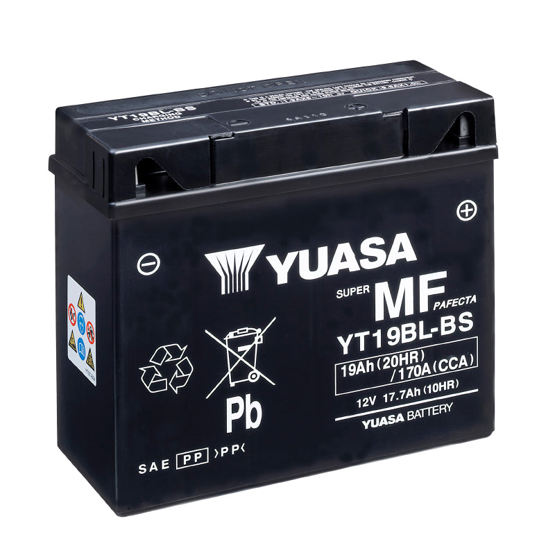 BATTERIE 12V 19 Ah YT19BL-BS YUASA MF SANS ENTRETIEN HAUTE PERFORMANCE AVEC PACK ACIDE  (Lg186xL82xH171mm)