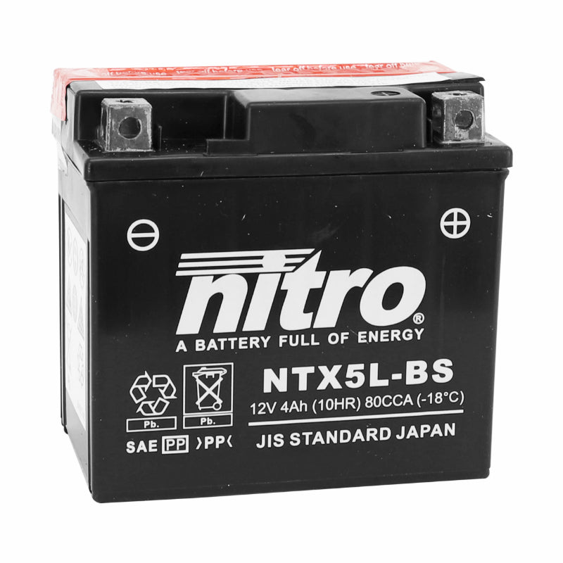 BATTERIE 12V  4 Ah NTX5L-BS NITRO MF SANS ENTRETIEN AVEC PACK ACIDE  (Lg114xL70xH106mm) (EQUIVALENT YTX5L-BS)