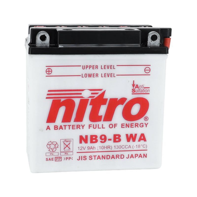 BATTERIE 12V  9 Ah NB9-B NITRO CONVENTIONNELLE AVEC ENTRETIEN  (Lg135xL75xH139mm) (EQUIVALENT YB9-B)