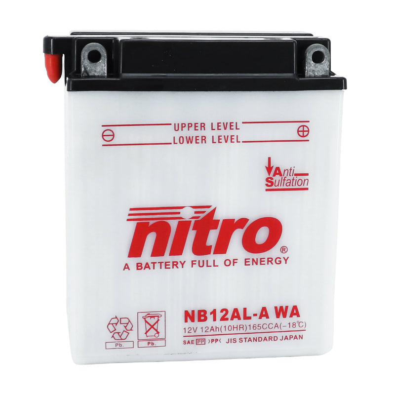 BATTERIE 12V 12 Ah NB12AL-A NITRO CONVENTIONNELLE AVEC ENTRETIEN  (Lg134xL80xH160mm) (EQUIVALENT YB12AL-A)