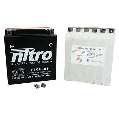 BATTERIE 12V 14 Ah NTX16-BS NITRO MF SANS ENTRETIEN AVEC PACK ACIDE  (Lg150xL87xH161mm) (EQUIVALENT YTX16-BS)