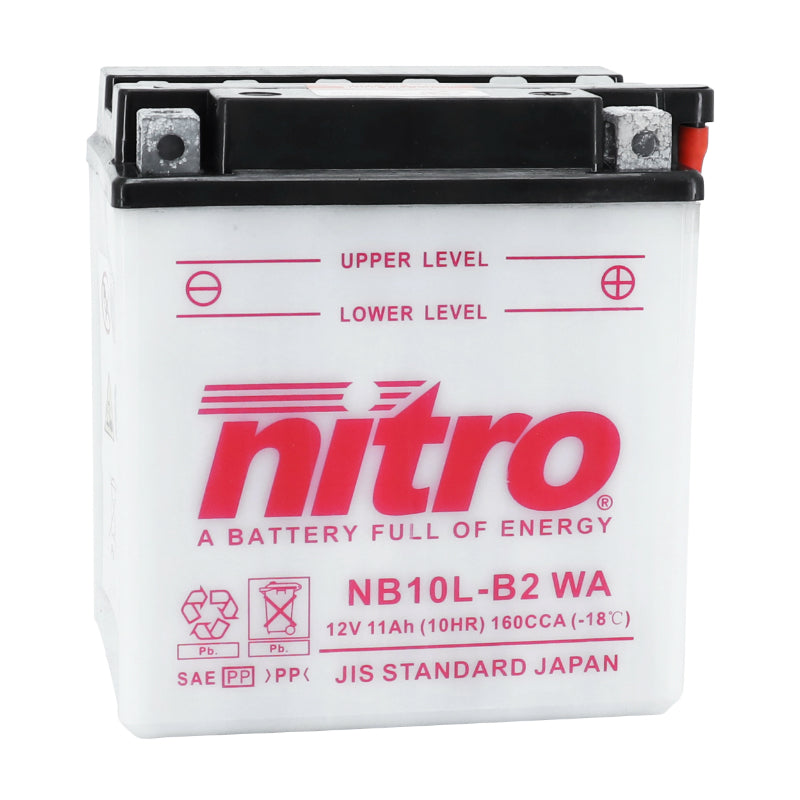 BATTERIE 12V 11 Ah NB10L-B2 NITRO CONVENTIONNELLE AVEC ENTRETIEN  (Lg135xL90xH145mm) (EQUIVALENT YB10L-B2)