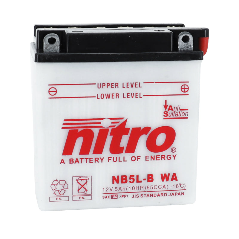 BATTERIE 12V  5 Ah NB5L-B NITRO CONVENTIONNELLE AVEC ENTRETIEN  (Lg120xL60xH130mm) (EQUIVALENT YB5L-B)