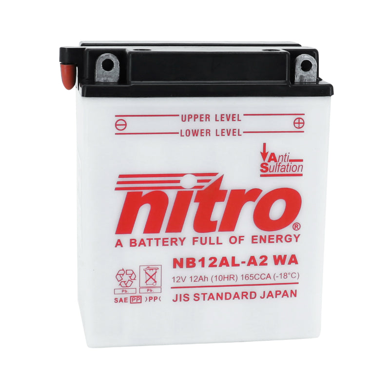 BATTERIE 12V 12 Ah NB12AL-A2 NITRO CONVENTIONNELLE AVEC ENTRETIEN  (Lg134xL80xH160mm) (EQUIVALENT YB12AL-A2)