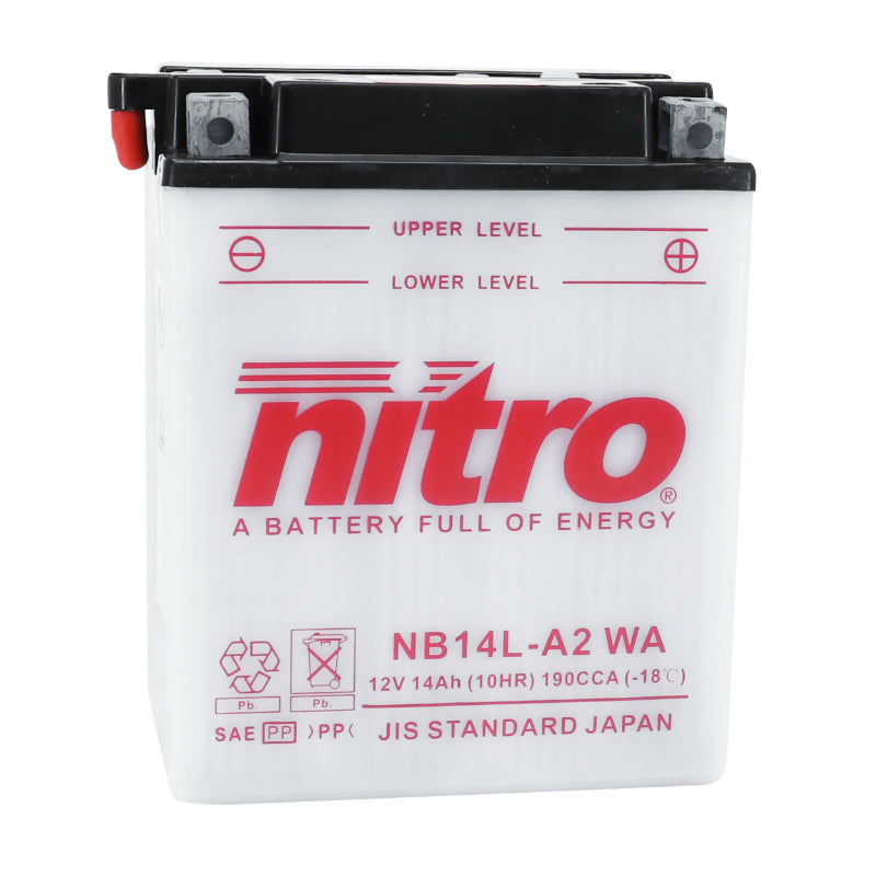 12V 14 Ah NB14L-A2 NITRO CONVENTIONAL BATTERY WITH MAINTENANCE (Lg134xW89xH166mm) (EQUIVALENT YB14L-A2)