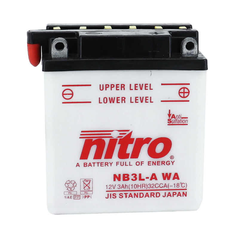 BATTERIE 12V  3 Ah NB3L-A NITRO CONVENTIONNELLE AVEC ENTRETIEN  (Lg98xL56xH110mm) (EQUIVALENT YB3L-A)