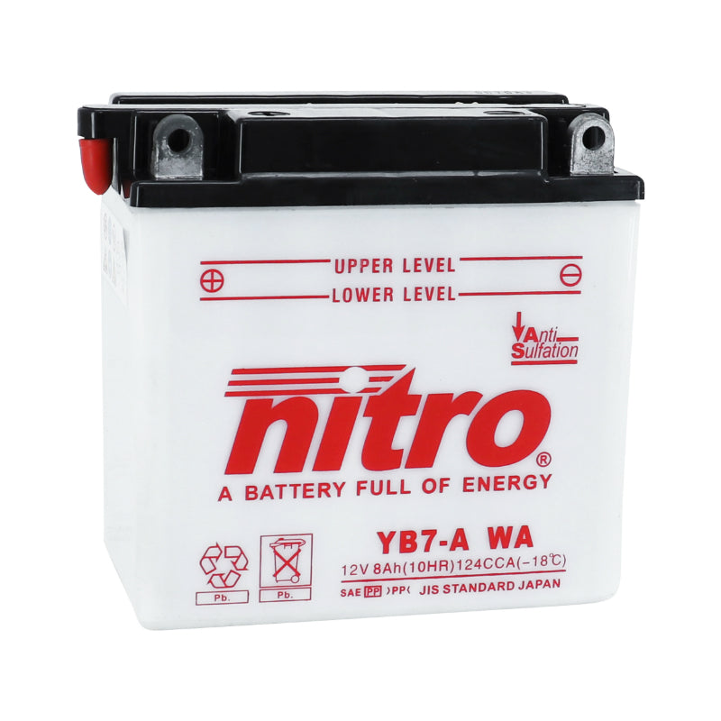 BATTERIE 12V  8 Ah NB7-A NITRO CONVENTIONNELLE AVEC ENTRETIEN (Lg135xL75xH133mm) (EQUIVALENT YB7-A)