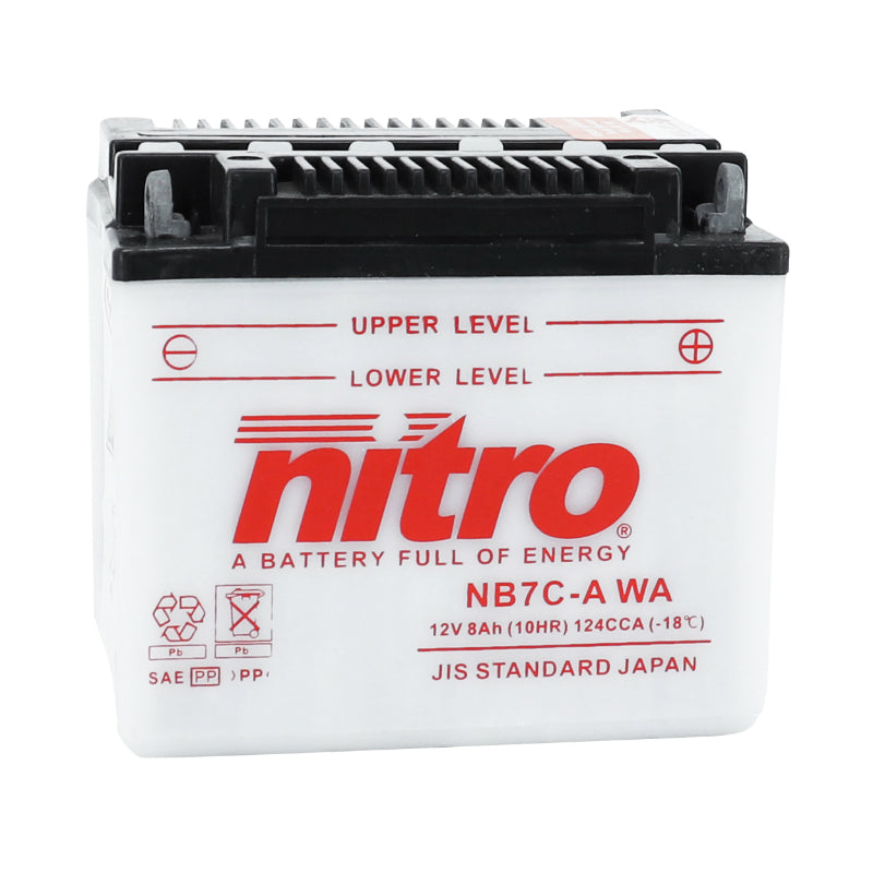 BATTERIE 12V  8 Ah NB7C-A NITRO CONVENTIONNELLE AVEC ENTRETIEN  (Lg130xL90xH114mm) (EQUIVALENT YB7C-A)