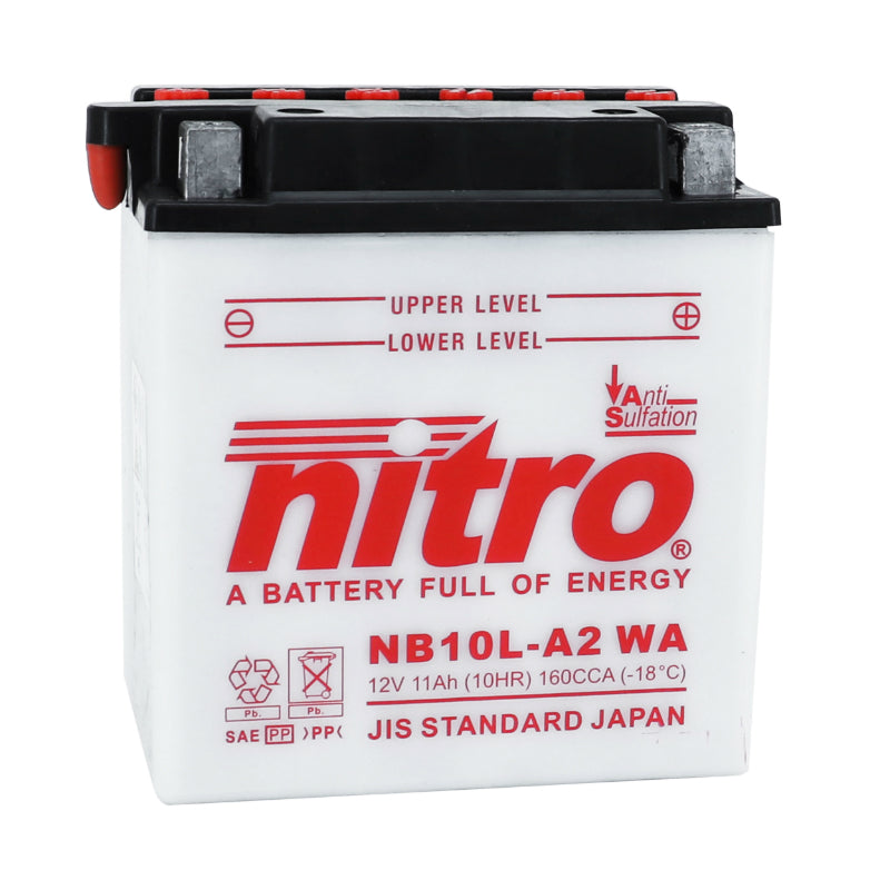 BATTERIE 12V 11 Ah NB10L-A2 NITRO CONVENTIONNELLE AVEC ENTRETIEN  (Lg135xL90xH145mm) (EQUIVALENT YB10L-A2)