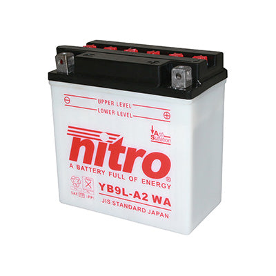 12V 9 Ah NB9L-A2 NITRO CONVENTIONAL BATTERY WITH MAINTENANCE (Lg135xW75xH139mm) (EQUIVALENT YB9L-A2)