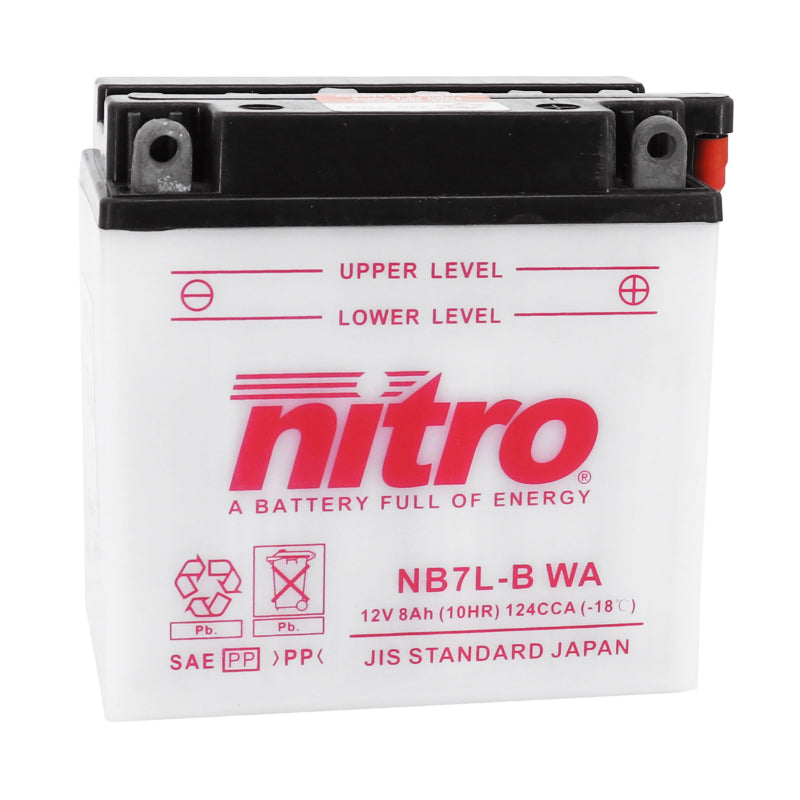 BATTERIE 12V  8 Ah NB7L-B NITRO CONVENTIONNELLE AVEC ENTRETIEN  (Lg135xL75xH133mm) (EQUIVALENT YB7L-B)