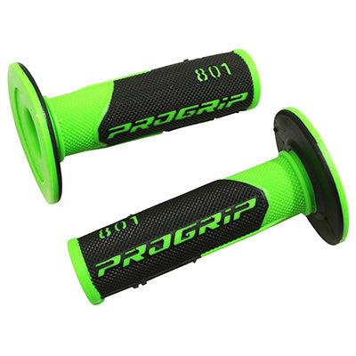 REVETEMENT POIGNEE PROGRIP MOTO OFF ROAD 801 DOUBLE DENSITE FLUO DESIGN VERT FLUO-NOIR CLOSED END 115mm (CROSS-MX) (PAIRE)