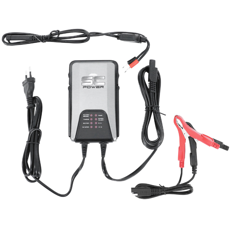 CHARGEUR DE BATTERIE ET MAINTIEN DE CHARGE SC POWER SC10 AUTOMATIQUE 6-12V COURANT DE SORTIE 1A (LIVRE AVEC PINCES CROCODILES + CONNEXIONS RAPIDES AVEC OEILLETS ET FUSIBLES)