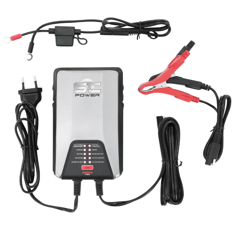 CHARGEUR DE BATTERIE ET MAINTIEN DE CHARGE SC POWER SC38 AUTOMATIQUE 6-12V + COMPTATIBLE BATTERIE LITHIUM COURANT DE SORTIE 0,8A-3,8A SELECTIONNABLE (LIVRE AVEC PINCES CROCODILES + CONNEXIONS RAPIDES)