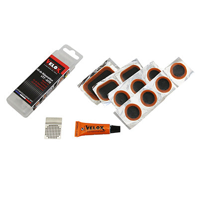 KIT REPARATION CHAMBRE A AIR VELOX VTT RENFORCE - BOITE (8 PATCHS 25mm + 2 PATCHS 35x25mm + 1 PACTH 50x30mm + COLLE 5g + RAPE ACIER) AVEC NOTICE