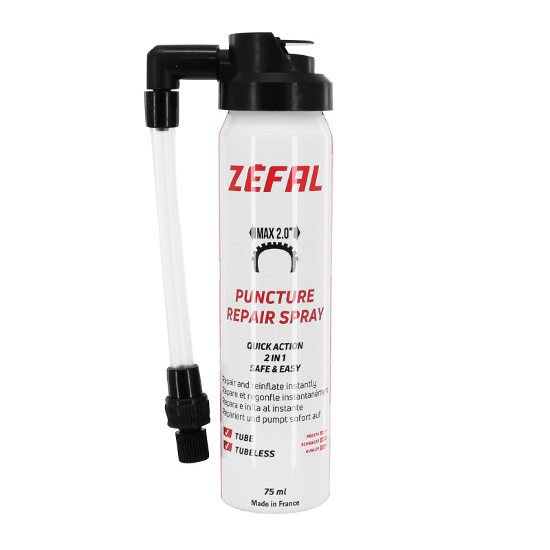 ZEFAL ANTI-LEK SPRAY WEG-GRAVEL BAND (MAX 2.0") TUBELESS - PRESTA-SCHRADER TUBETYPE (75ml) FLEXIBELE AANSLUITING VOOR FIETS - SCOOTER