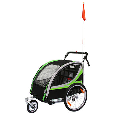 REMORQUE VELO ENFANT - POUSSETTE COUVERTE 2 PLACES EN ALU MAXI 36Kg COLORI VERT AVEC ROUES 20" -FIXATION AXE DE ROUE - LIVRE AVEC ROUE AVANT + POIGNEE FREIN - MONTAGE RAPIDE SANS OUTIL