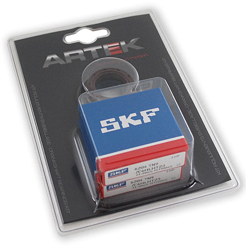 ROULEMENT D'EMBIELLAGE + JOINT 50 A BOITE ARTEK K2 SKF ADAPTABLE DERBI 50 SENDA, GPR-GILERA 50 SMT, RCR (MOTEUR EURO 2 + EURO 3)  (KIT 6204 SKF POLYAMIDE C4 + JOINT SPI VITON)