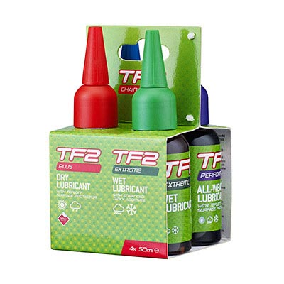 PACK LUBRIFIANT VELO WELDTITE TF2 POUR CHAINE (4 BURETTES DE 50ml) - 1 POUR CONDITIONS SECHES- 1 POUR CONDITIONS HUMIDES - 1 POUR TOUTES CONDITIONS - 1 POUR ULTRA SEC