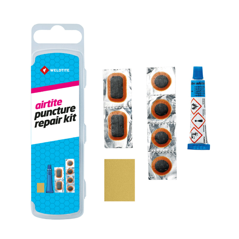 KIT REPARATION CHAMBRE A AIR WELDTITE AIRTITE ROUTE - BOITE (4 PATCHS 18mm + 2 PATCHS 28x18mm + COLLE 5g + PAPIER PONCE) AVEC NOTICE