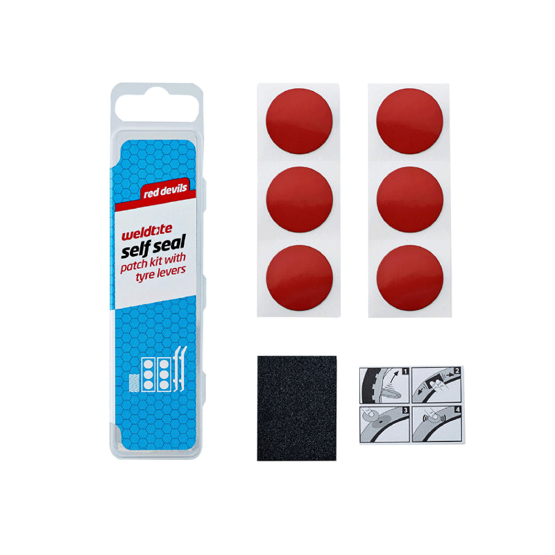 KIT REPARATION CHAMBRE A AIR WELDTITE RED DEVILS AVEC RUSTINES AUTOCOLLANTES-AUTOADHESIVES ROUGES - BOITE (6 RUSTINES AUTOADHESIVES 25mm + PAPIER PONCE) AVEC NOTICE