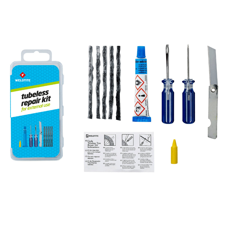 KIT REPARATION PNEU TUBELESS VTT WELDTITE PAR L'EXTERIEUR AVEC MECHES - BOITE (COLLE 5g + MARQUEUR + 5 MECHES + LIME + AIGUILLE + CUTTER)