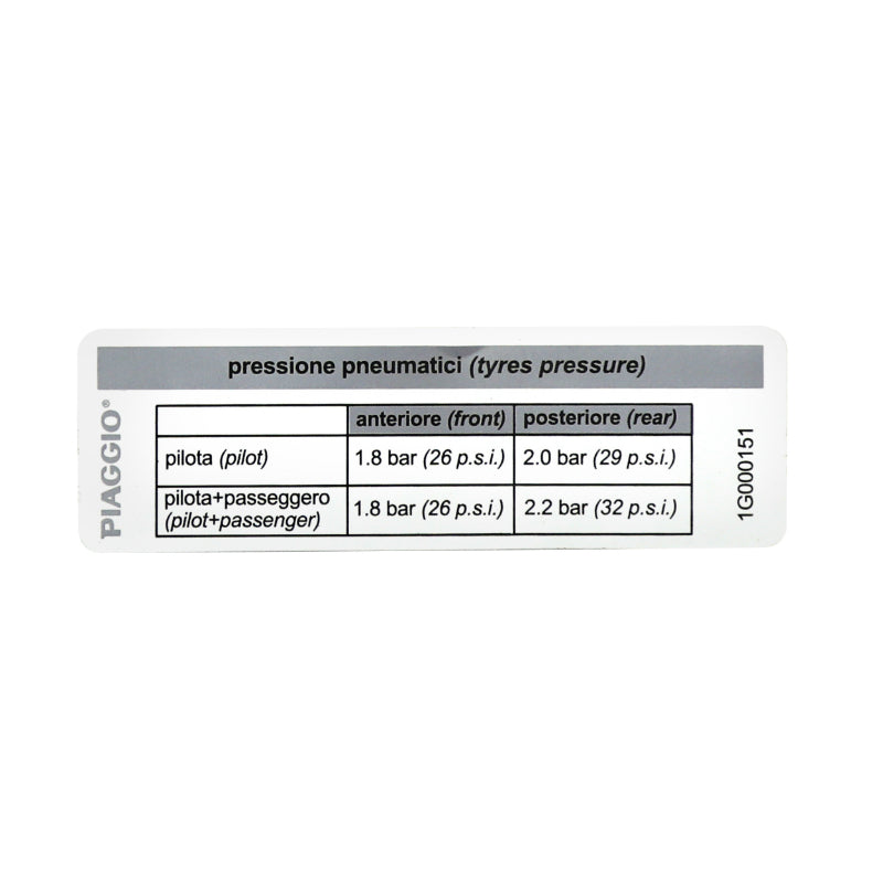 AUTOCOLLANT-STICKER-DECOR PRESSION PNEU ORIGNE PIAGGIO 50-125 PRIMAVERA, SPRINT 2017+ -1G000151-