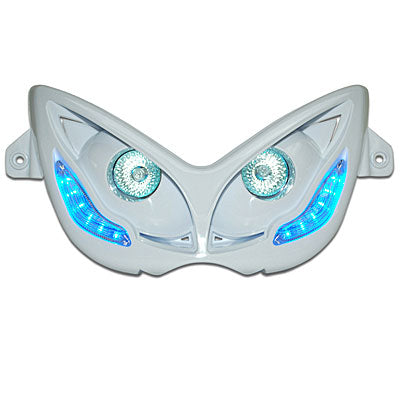 DOUBLE OPTIQUE SCOOT REPLAY RR8 POUR MBK 50 NITRO 1997+2012-YAMAHA 50 AEROX 1997+2012 BLANC AVEC LEDS BLEU