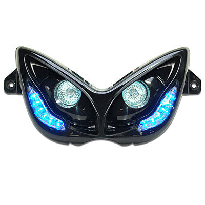 DOUBLE OPTIQUE SCOOT REPLAY RR8 POUR MBK 50 NITRO 1997+2012-YAMAHA 50 AEROX 1997+2012 NOIR AVEC LEDS BLEU