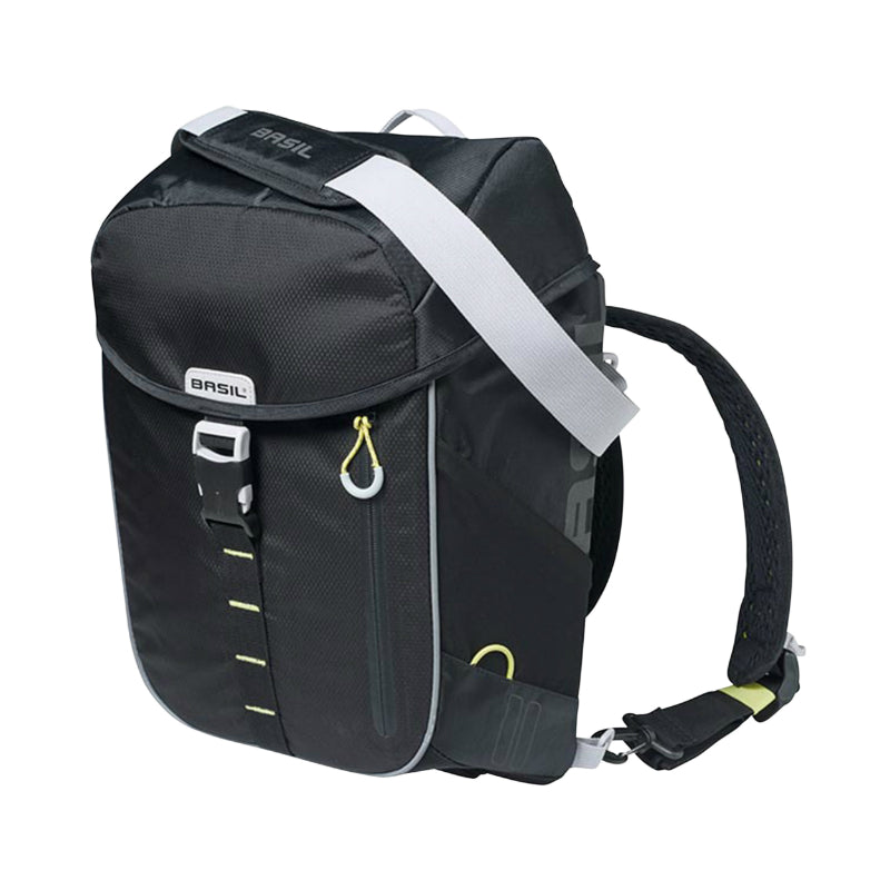 SACOCHE ARRIERE SAC A DOS VELO LATERALE BASIL MILES DAYPACK DROIT-GAUCHE SYSTEME FIXATION HOOK-ON WATERPROOF 17L NOIR LISERET JAUNE FLUO (BANDOULIERE + SAC A DOS) (31x17x44cm)