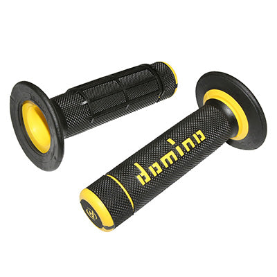 REVETEMENT POIGNEE DOMINO MOTO OFF ROAD A020 NOIR-JAUNE CLOSED END 120-123mm (PAIRE)