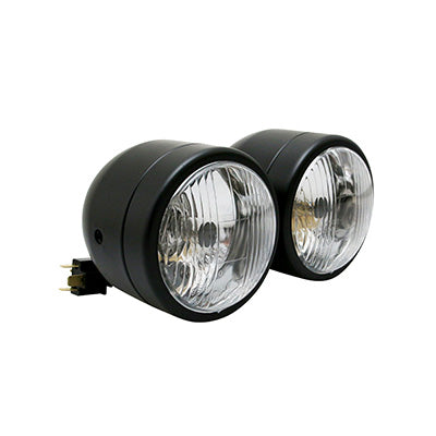 AVOC MOTORKOPLAMP DUBBELE DIAM 90 mm H4 LAMP + MAT ZWART PARKEERLICHT BEVESTIGINGSRUIMTE 210 mm (CE GOEDGEKEURD)