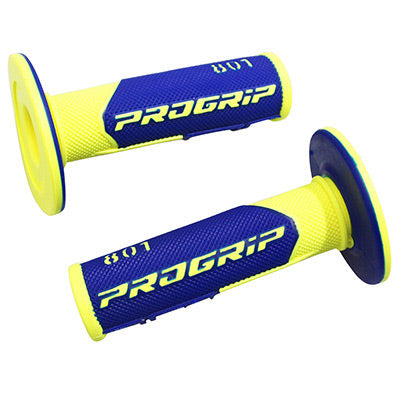 REVETEMENT POIGNEE PROGRIP MOTO OFF ROAD 801 DOUBLE DENSITE FLUO DESIGN JAUNE FLUO-BLEU CLOSED END 115mm (CROSS-MX) (PAIRE)