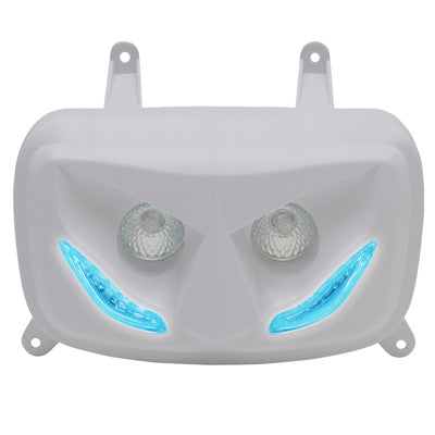 DOUBLE OPTIQUE SCOOT REPLAY RR8 POUR MBK 50 BOOSTER 2004+-YAMAHA 50 BWS 2004+ BLANC AVEC LEDS BLEU **