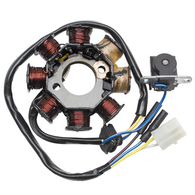 SCOOT-ONTSTEKINGSTATOR AANPASBAAR CHINESE SCOOT 50 GY6 139QMB 4T-PEUGEOT 50 V-CLIC 4T-KYMCO 50 AGILITY 4T-SYM 50 ORBIT 4T-BAOTIAN 50 BT49QT 4T (8 POLEN - VERSIE 1 - 4 DRADEN) -P2R-