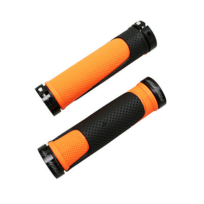 POIGNEE VTT PROGRIP 997 DOUBLE DENSITE OPEN END AVEC LOCK ON NOIR-ORANGE 130mm (LIVRE AVEC EMBOUTS) (PAIRE)