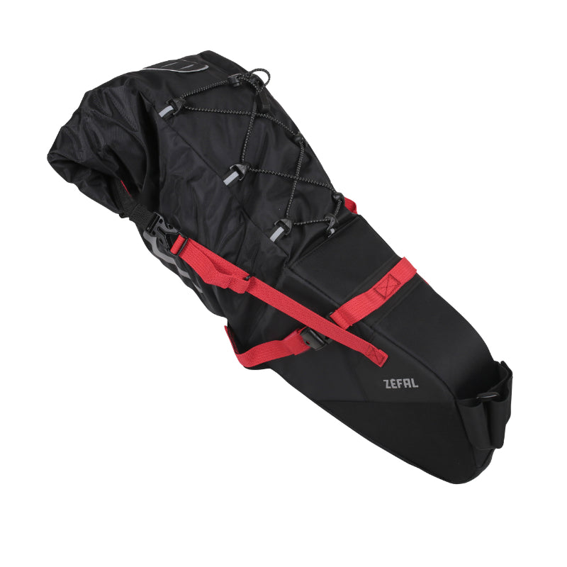 SACOCHE DE SELLE VELO ZEFAL Z ADVENTURE R17 POUR 17L NOIR-ROUGE ETANCHE FIXATION VELCRO ( L 62cm x l 24cm x 20cm) CHARGE MAXI 5kgs