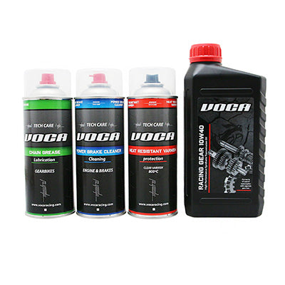 KIT MAINTENANCE-ENTRETIEN VOCA (LUBRIFIANT CHAINE + NETTOYANT FREIN + HUILE DE TRANSMISSION 10W40 + BOMBE PEINTURE VERNIS HAUTE TEMPERATURE)