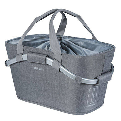 PANIER ARRIERE TOILE BASIL 2DAY 22L GRIS CLAIR AVEC ANSE FIXATION CLIP AUTOMATIQUE SUR PORTE BAGAGE SYSTEME MIK - Commander 157030 - (SI PAS FOURNI SUR LE VELO, Ajouter 155681)