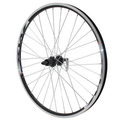 ROUE VTT DISQUE - PATIN BLOCAGE 26" COMBO ARRIERE NOIR DOUBLE PAROI V-BRAKE OEILLET MOYEU SHIMANO ACERA CENTERLOCK CASSETTE 10-9V NOIR RAYON ARGENT JANTE 19C 32 RAYONS