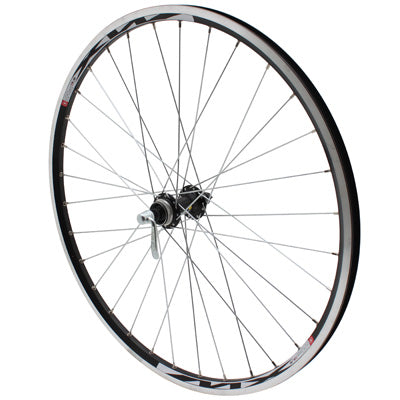 ROUE VTT DISQUE - PATIN BLOCAGE 26" COMBO AVANT NOIR DOUBLE PAROI V-BRAKE OEILLET MOYEU SHIMANO RM65 CENTERLOCK NOIR RAYON ARGENT