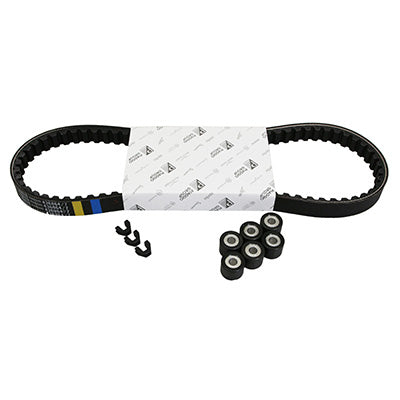 KIT TRANSMISSION (COURROIE, GALETS, GUIDES) ORIGINE PIAGGIO 50 TYPHOON 2004+11, NRG 2005+, VESPA PRIMAVERA 2T 2013+17, SPRINT 2T 2014+17-GILERA 50 RUNNER 2005+17-APRILIA 50 SR H2O 2004+10 -1R000426-