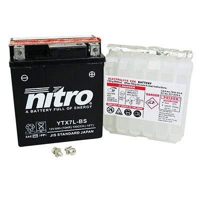 BATTERIE 12V  6 Ah NTX7L-BS  NITRO MF SANS ENTRETIEN AVEC PACK ACIDE  (Lg114xL71xH131mm) (EQUIVALENT YTX7L-BS)