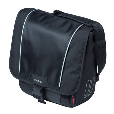 SACOCHE ARRIERE VELO LATERALE BASIL SPORT DROIT-GAUCHE AVEC PROTEGE PLUIE 18L NOIR FIXATION HOOK ON SUR PORTE BAGAGE- SPECIAL VAE-E-BIKE- (31x18x31cm)