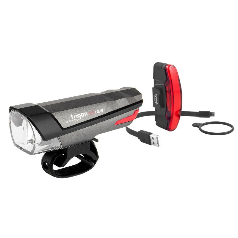 USB FIETSVERLICHTING KIT SPANNINGA TRIGON 25-PYRO DONKERGRIJS - 3 ECO-, STANDAARD- en BOOST-FUNCTIES