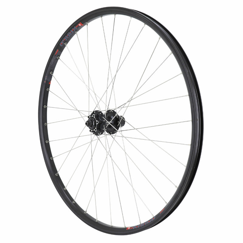 ROUE VTC DISQUE - PATIN BLOCAGE KARGO - VAE - E-BIKE - LONGTAIL MOYEU SHIMANO M475 ARRIERE NOIR CASSETTE 10-9-8V DOUBLE PAROI AVEC OEILLETS DISQUE 6 TROUS (RENFORCE) JANTE 25C 32 RAYONS INOX